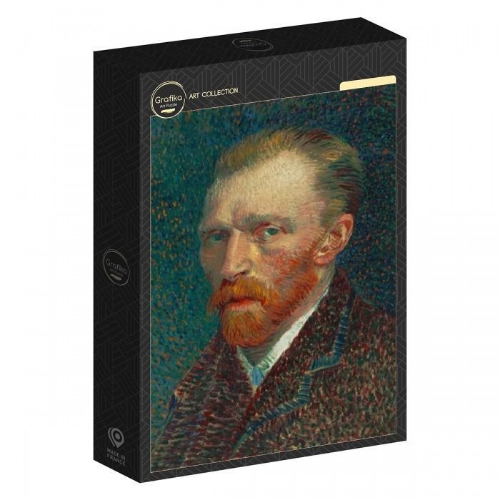 A post-impressionist oil portrait of a red-bearded man in a textured jacket against a pointillist teal background.