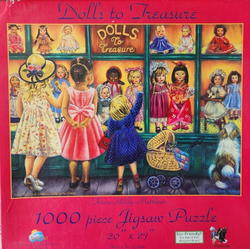 Three young girls looking into a shop window filled with vintage dolls
