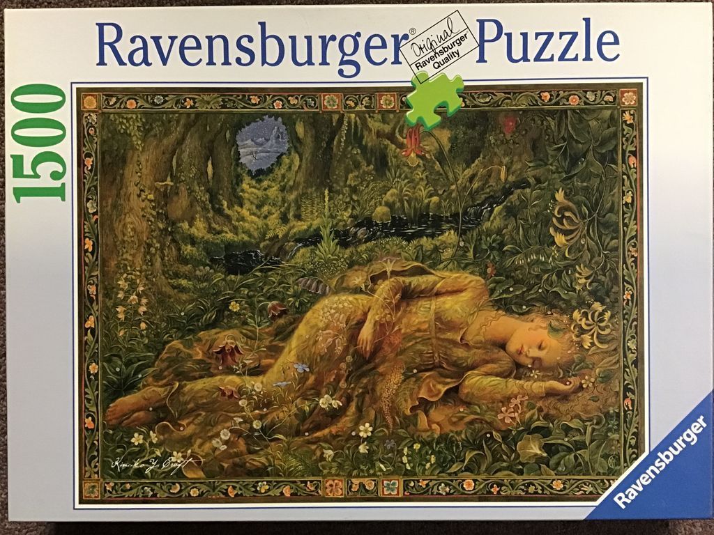 A pre-Raphaelite style illustration of a golden-haired woman sleeping in a lush, detailed forest meadow.