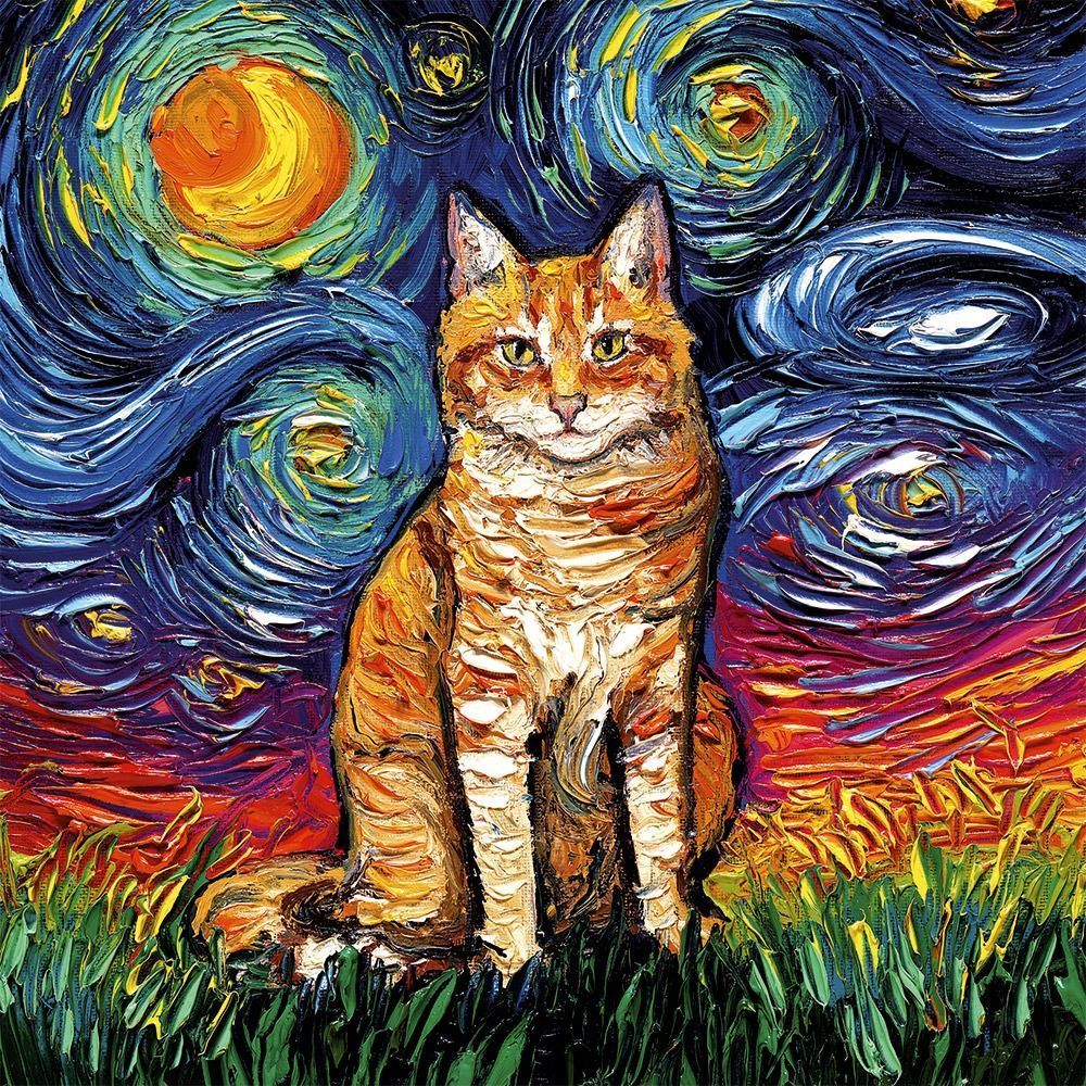 An orange tabby cat sits in a field against a swirling, impressionistic night sky.