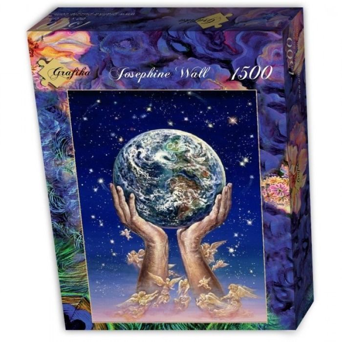 Two giant hands cupping a luminous planet Earth against a starry sky filled with small angels.