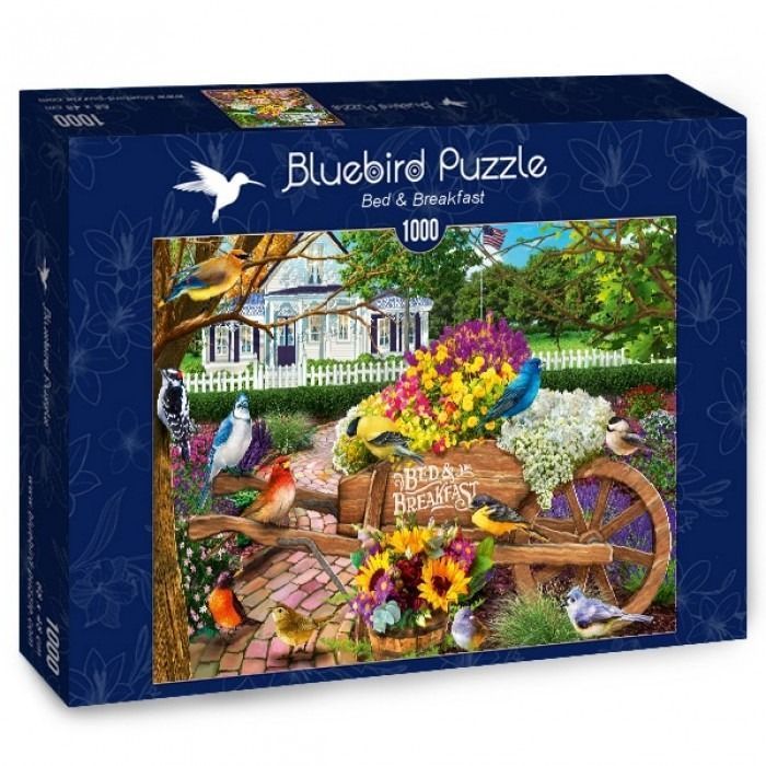 A wooden wheelbarrow overflowing with colourful flowers and surrounded by various songbirds in a garden setting.