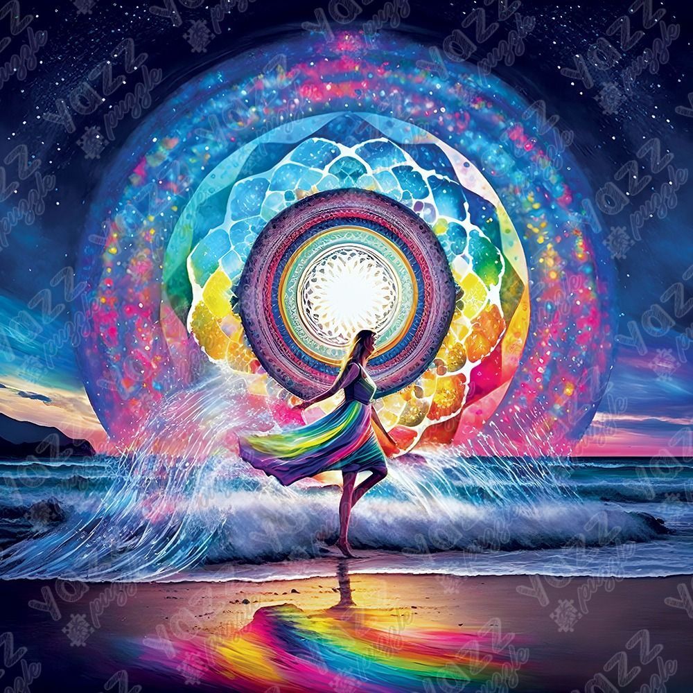 A person in a rainbow dress dances on a beach before a glowing, kaleidoscopic portal against a starry night sky.