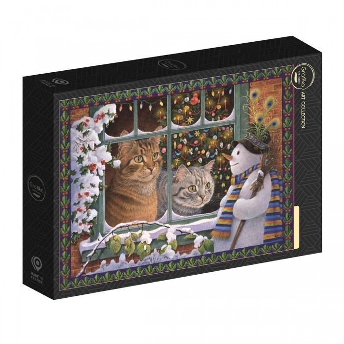 Two cats looking through a window at a snowman outside, with a decorated tree visible in the reflection.