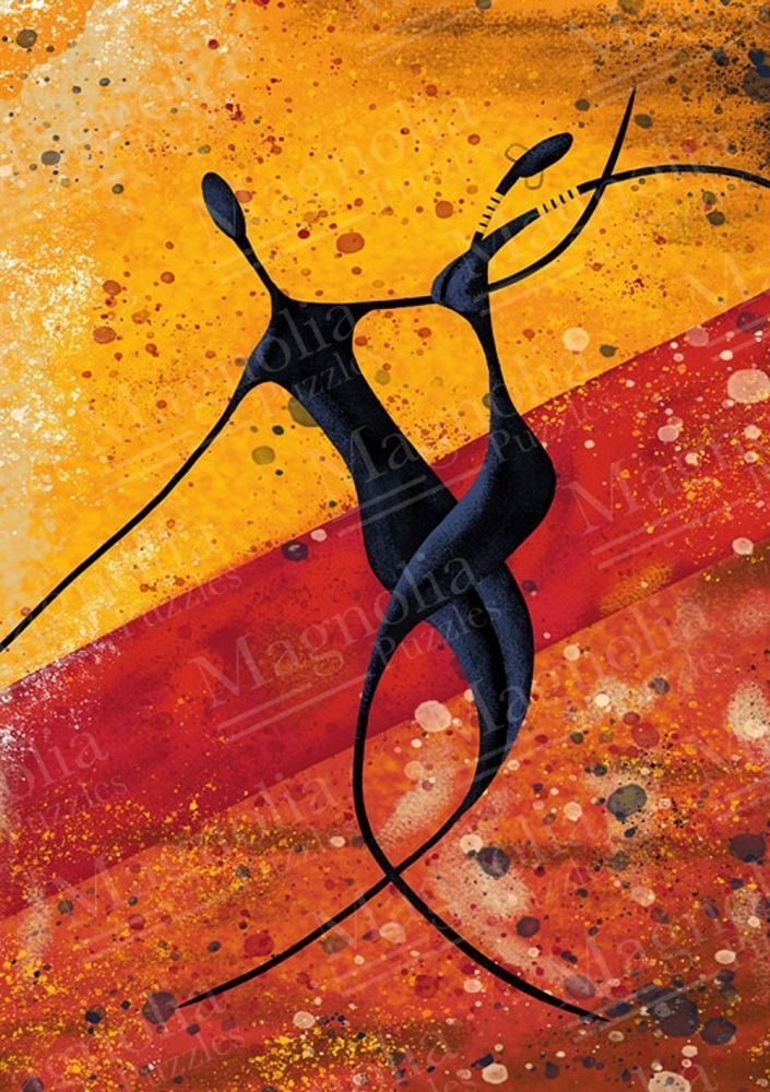 Two stylized, elongated black figures dancing against an abstract background of warm orange and red.