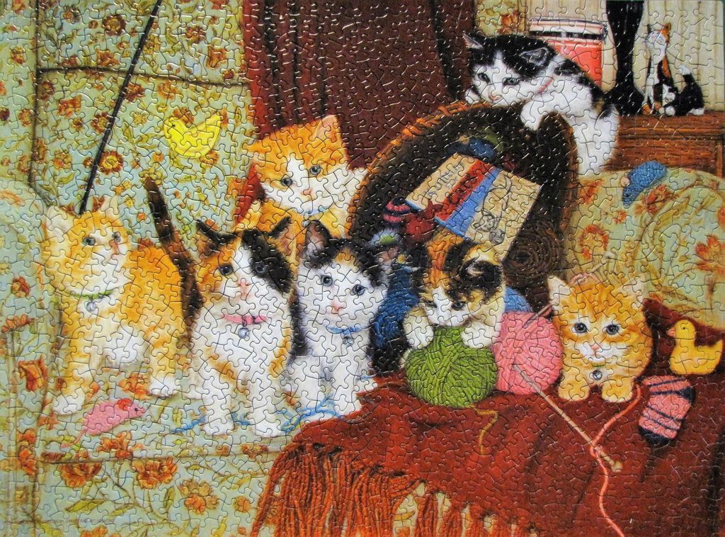 An illustration of seven kittens playing in a cozy, floral-patterned room with yarn balls and toys.