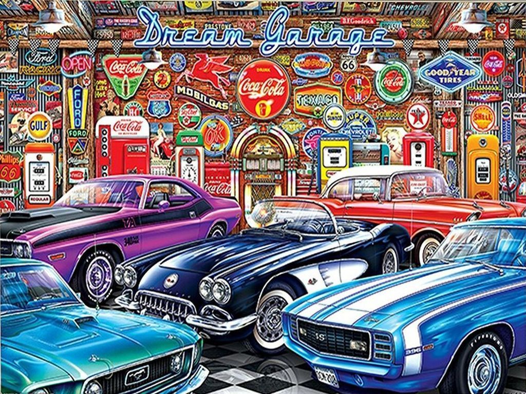 Classic American muscle cars parked in a retro-style garage filled with vintage signage and antique fuel pumps.