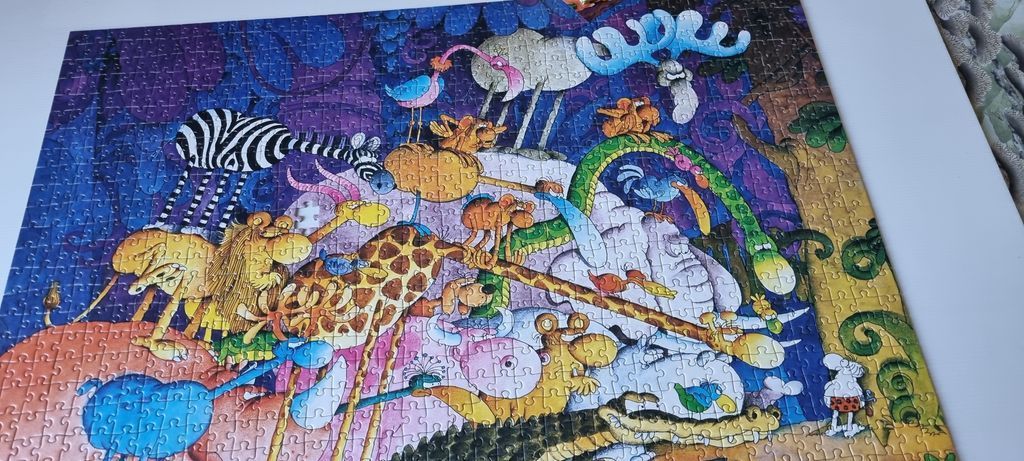 A cartoon illustration of a chaotic, colorful jungle scene packed with whimsical zoo animals.
