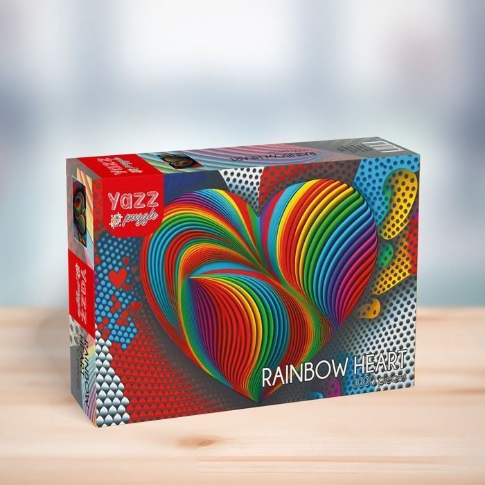 A vibrant, rainbow-colored heart shape with a layered, 3D striped effect set against a background of pop-art dots.