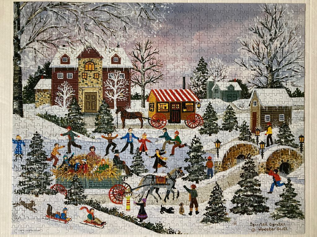 An illustration of a snowy village scene with people ice skating and riding in a horse-drawn wagon.