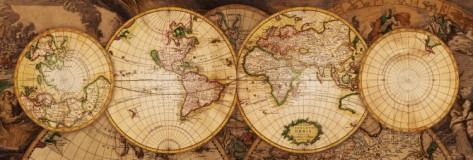 Antique map illustration featuring four circular globe projections over a decorative background.
