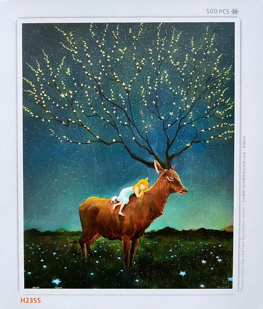 A young girl with blonde hair resting on the back of a large stag, with a surreal tree of light rising from its antlers.
