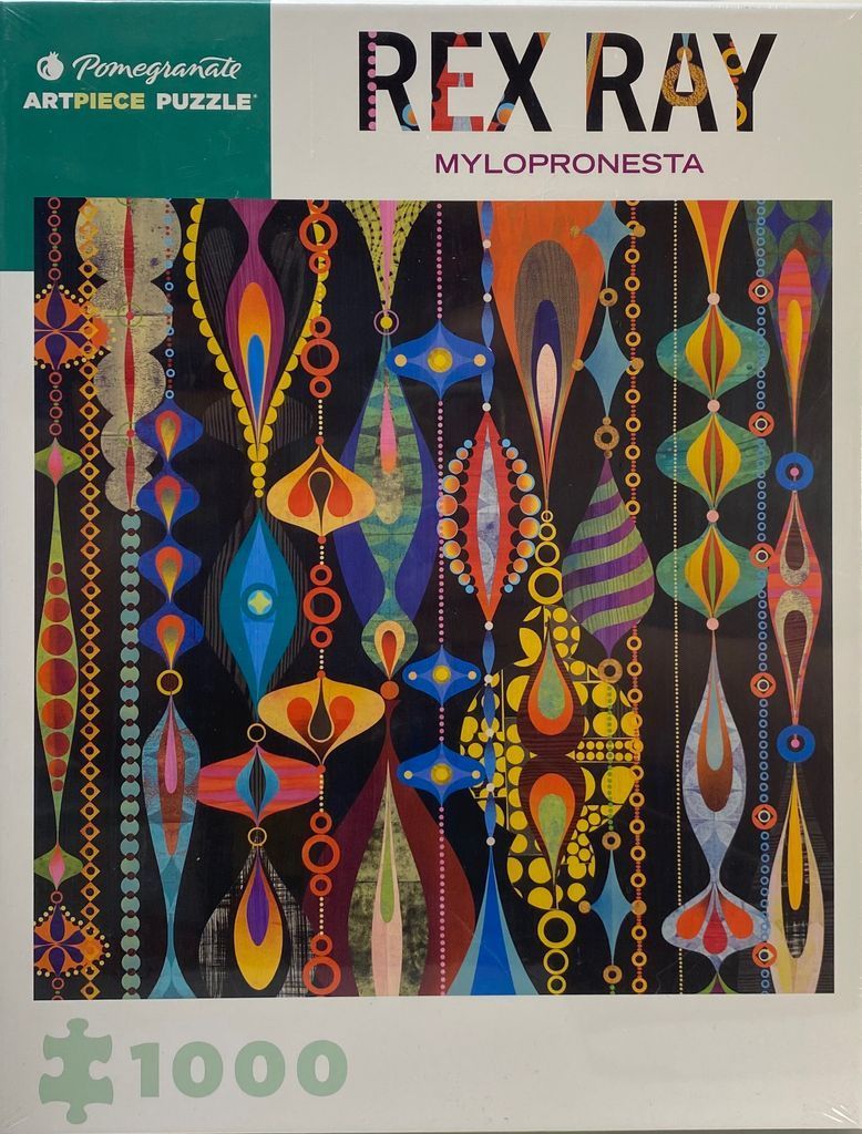 Abstract mid-century modern collage by Rex Ray with vertical, symmetrical shapes and vibrant warm and cool colors.