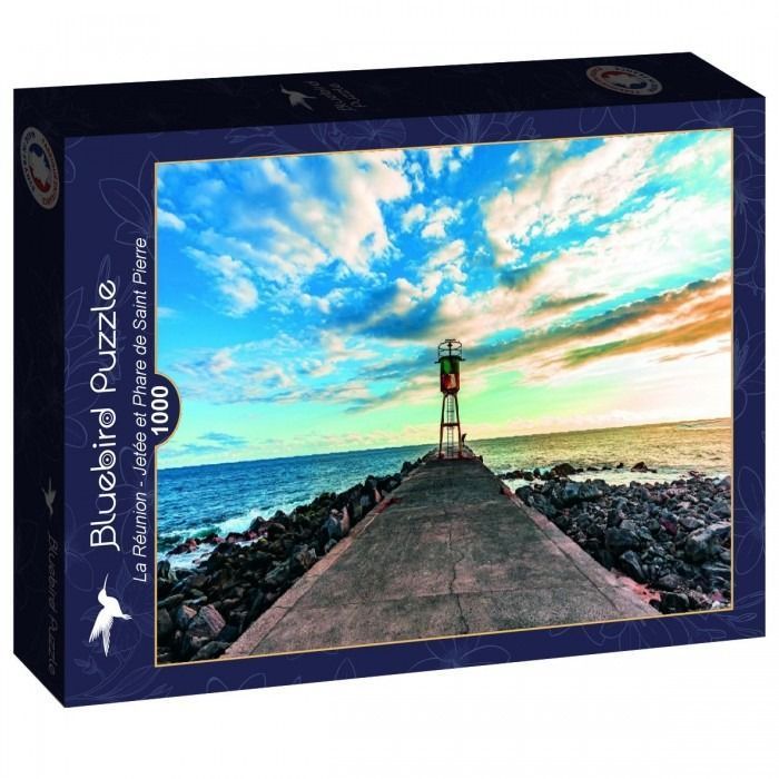 A photograph of a jetty leading to a lighthouse under a dramatic, vibrant sunset sky.