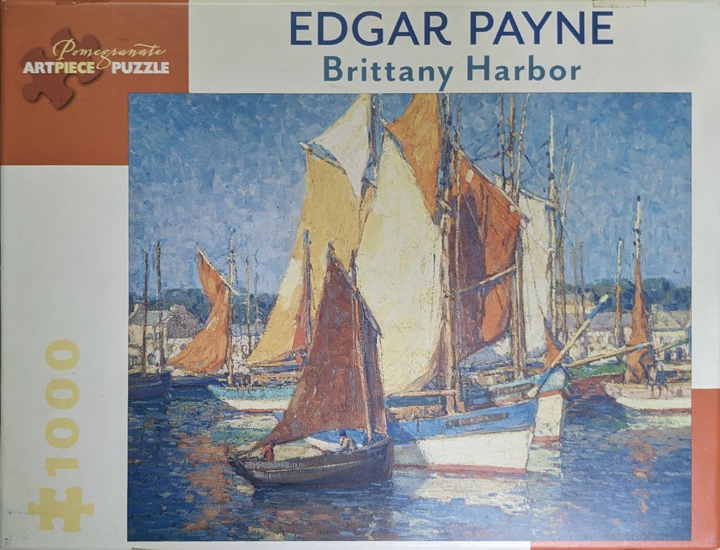 Impressionist painting of several sailboats with colorful sails in a harbor.