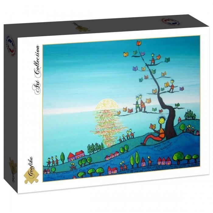 A whimsical naive-style painting of a sunset landscape with a large tree growing books instead of leaves.