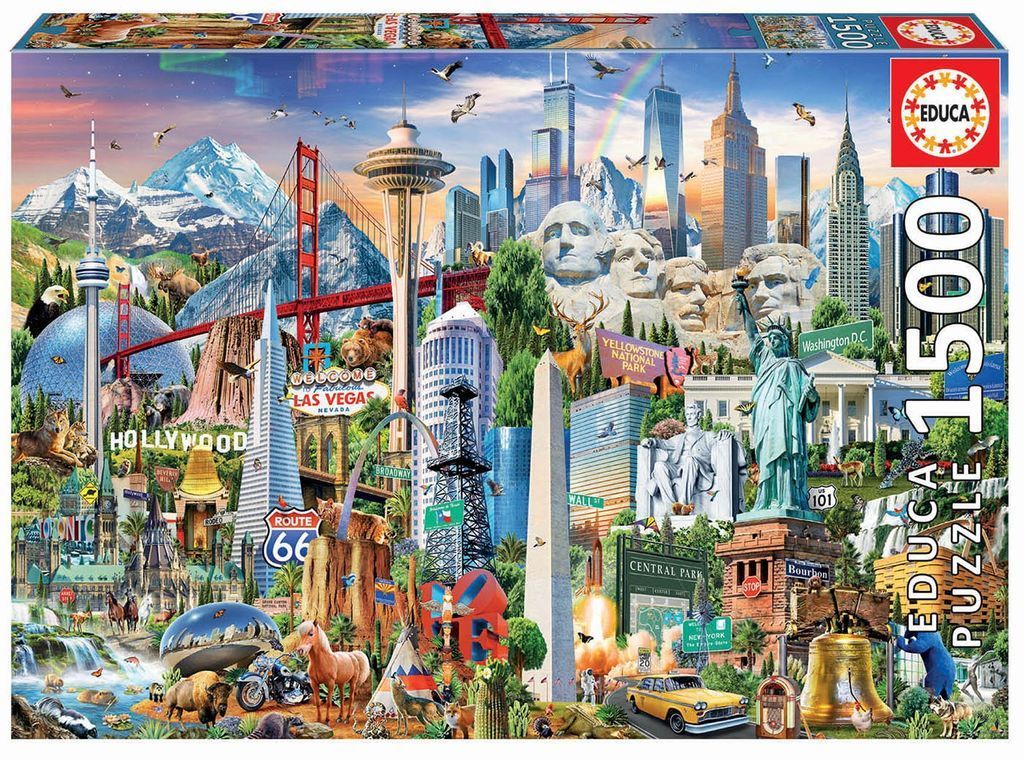 A whimsical collage of famous American landmarks, monuments, and wildlife set against a mountain and city skyline.