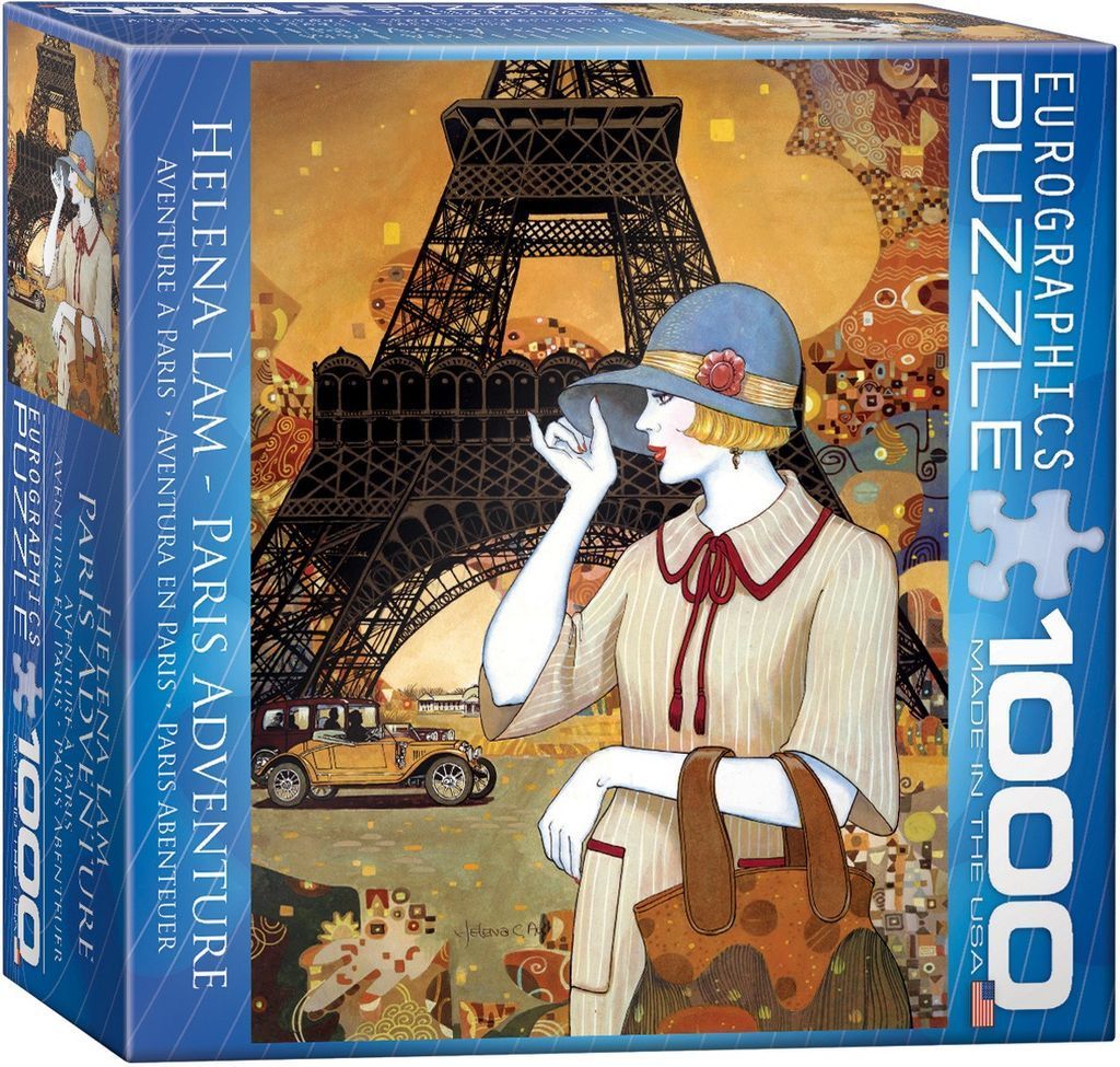 Art Deco style illustration of a woman in a cloche hat standing in front of the Eiffel Tower in Paris.