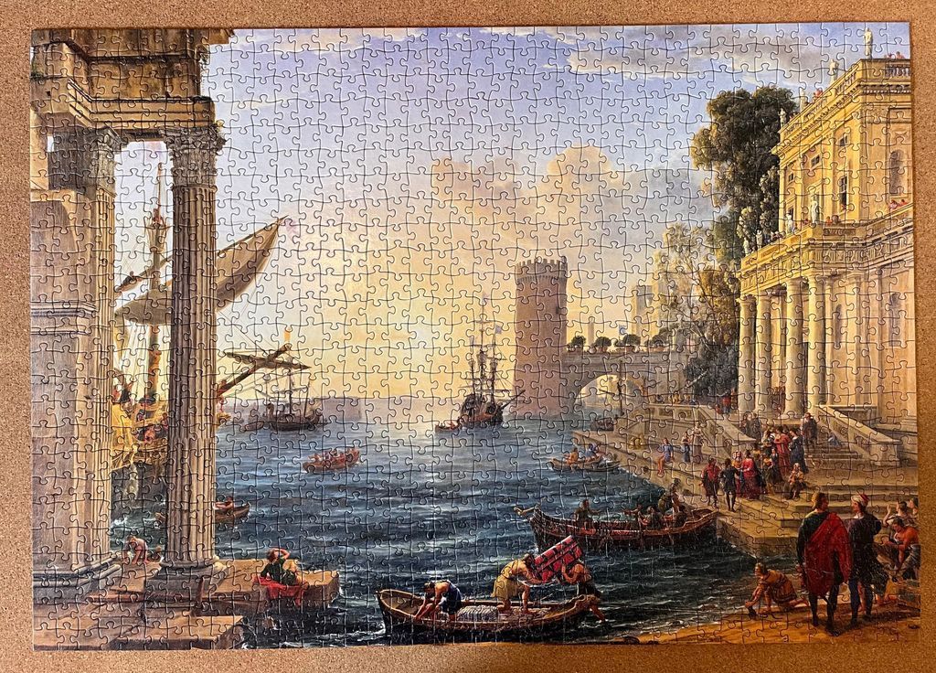 An expansive classical landscape painting of a harbor scene with Roman-style architecture, ships, and figures.