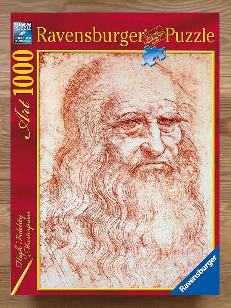 A red-chalk portrait drawing of Leonardo da Vinci's self-portrait on a cream-coloured background.