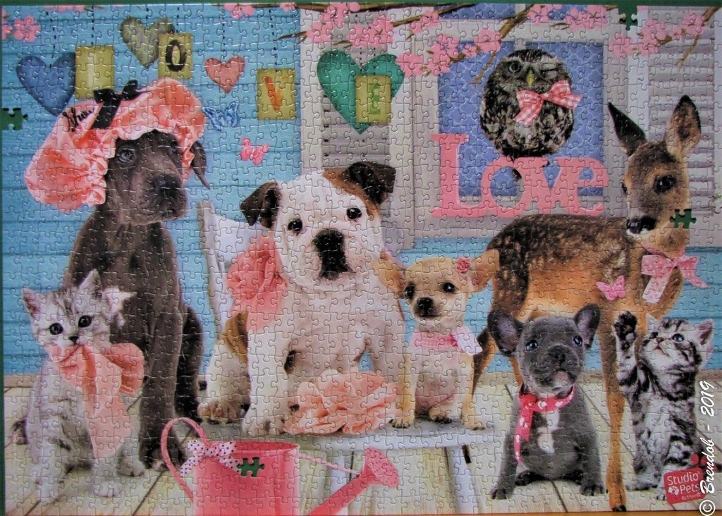A collection of cute animals including dogs, a cat, and a deer, posing in front of a blue wall with hearts.