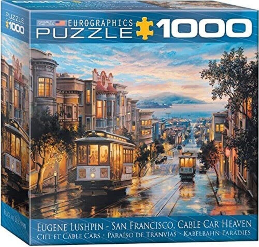 A painting of San Francisco cable cars on a street at sunset with city buildings and a view of the bay.