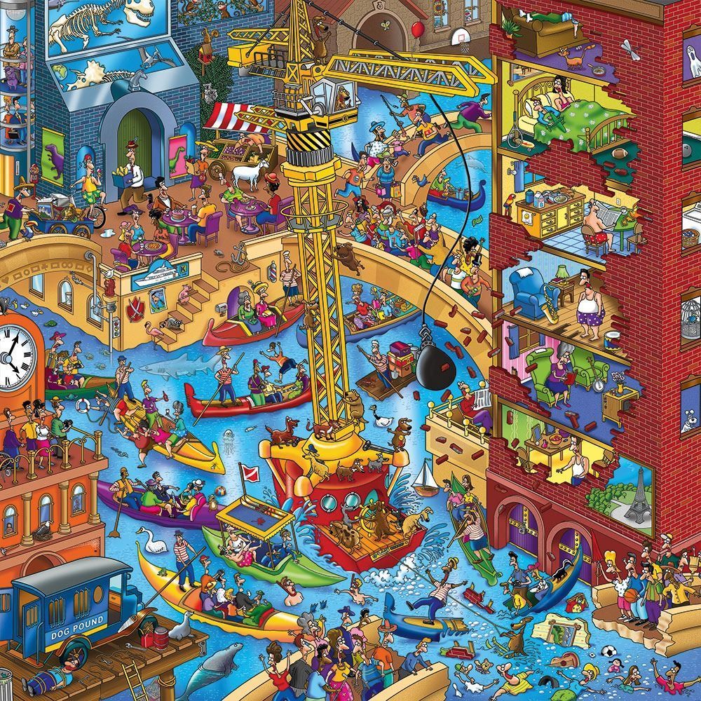 A chaotic, vibrant cartoon scene of a canal city being dismantled by a crane, filled with people and dogs.