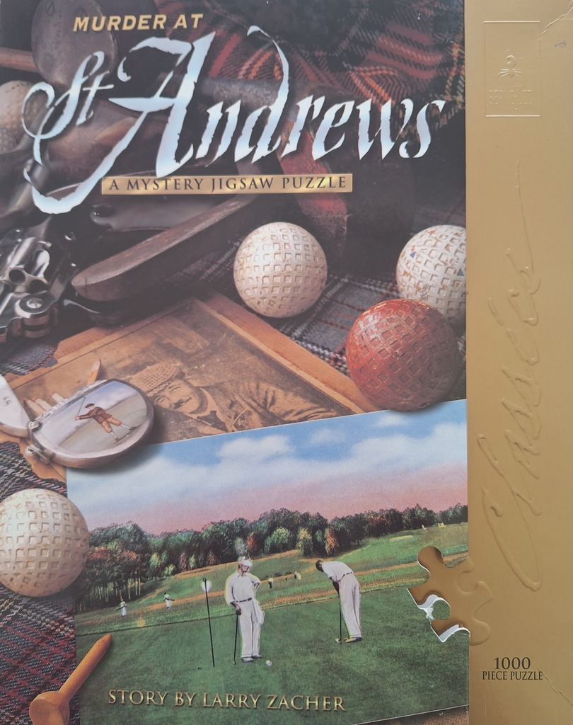 A collage of vintage golf equipment, old photographs, and a scene of golfers on a green course.