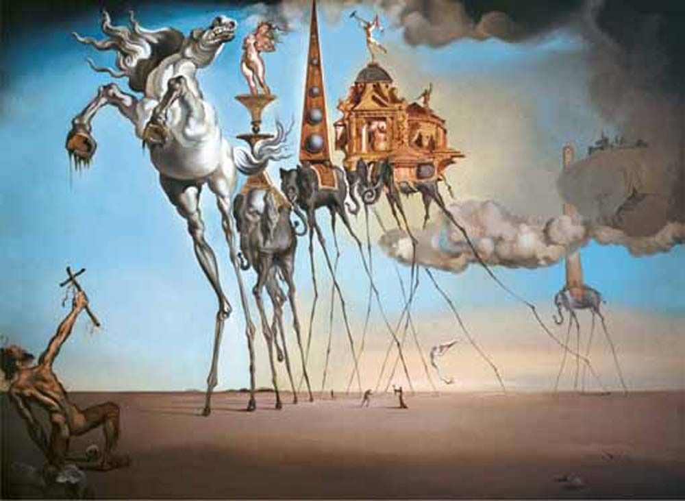 A surrealist dreamscape with long-legged elephants and a rearing horse beneath a vast sky.