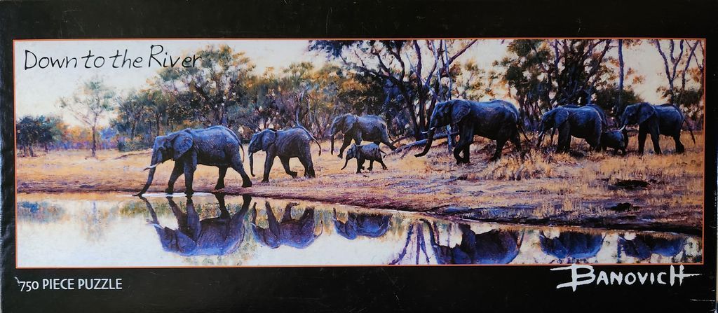 An oil painting of a herd of elephants walking along a riverbank at sunset.