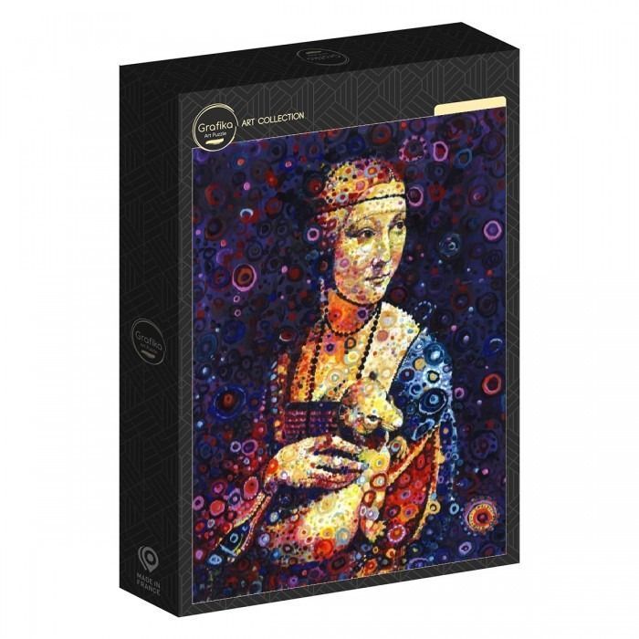 An impressionist style portrait of a woman holding an ermine, rendered in circular dots of vibrant, saturated colors.