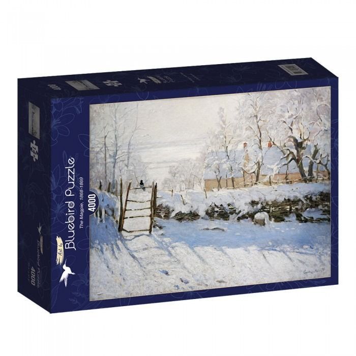 Claude Monet's painting The Magpie, showing a lonely magpie perched on a wooden gate in a snowy winter landscape.