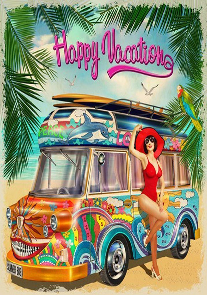 A vibrant, retro-style illustration of a woman in a red swimsuit posing beside a colorful, psychedelic-painted camper van.