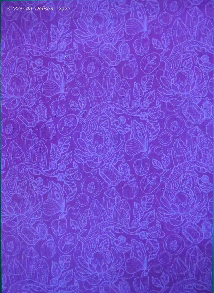 A repeating pattern illustration of flowers, butterflies, and crystals in shades of purple.