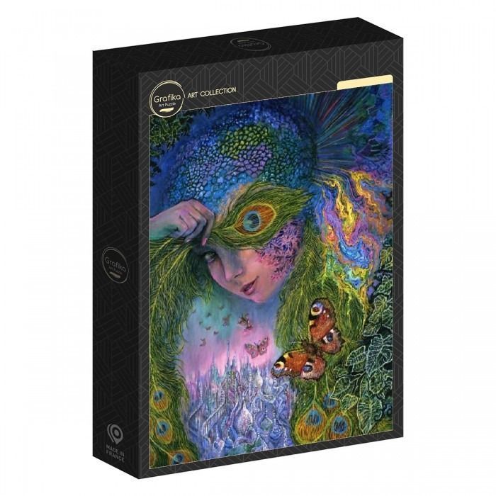 Surreal illustration of a woman with peacock feather hair, a butterfly, and a miniature fantasy city below.