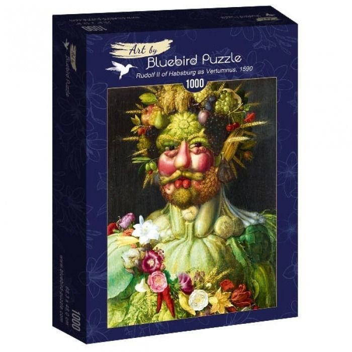 A Renaissance oil painting depicting the head and shoulders of a figure composed entirely of fruits, vegetables, and flowers.