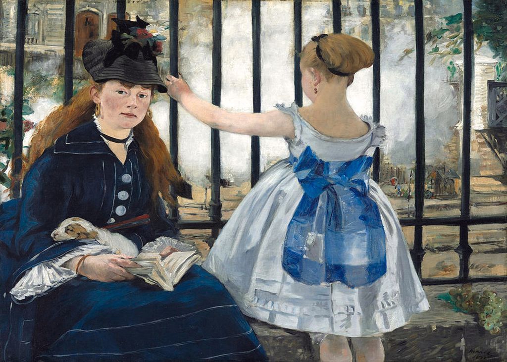A woman with long red hair and a young girl looking through an iron fence toward a steam-filled train station.