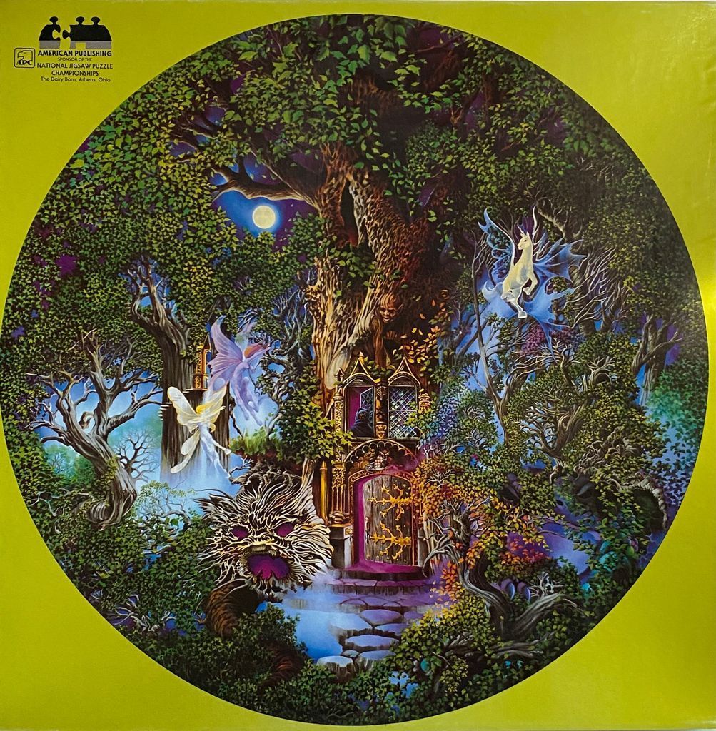 Fantasy illustration of a magical treehouse inhabited by fairies, a unicorn, and mythical creatures in a moonlit forest.