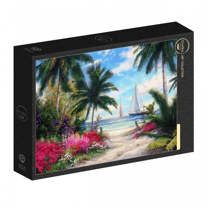 Painting of a sandy tropical path leading to the sea with sailboats, lush palm trees, and vibrant pink flowers.
