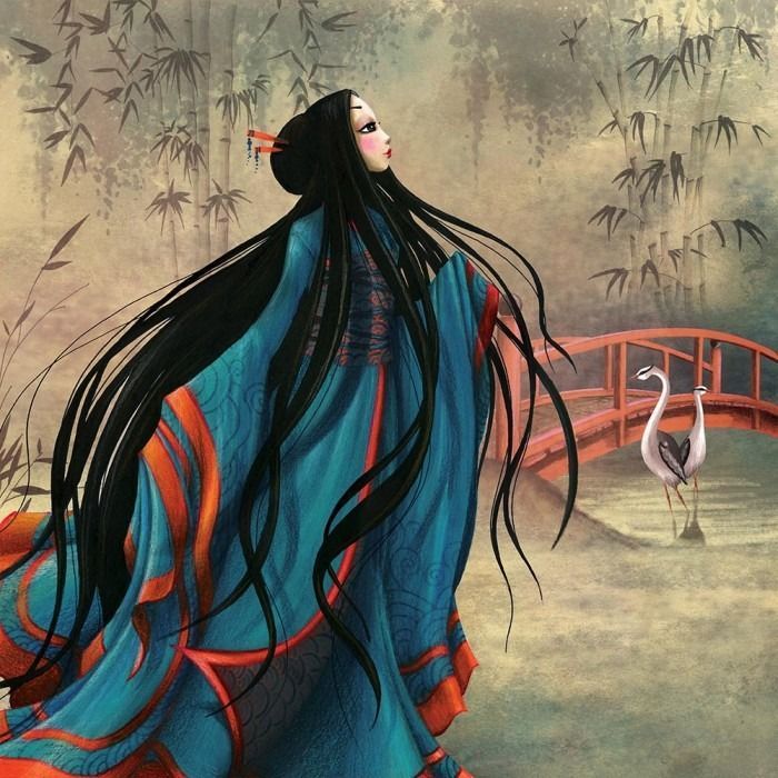 Stylized illustration of a woman in traditional East Asian robes standing near a red bridge and cranes in a bamboo grove.