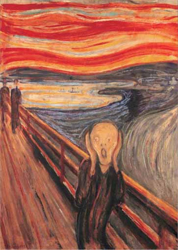 An expressionist painting of a pale, agonized figure screaming on a bridge under a turbulent, blood-red sky.