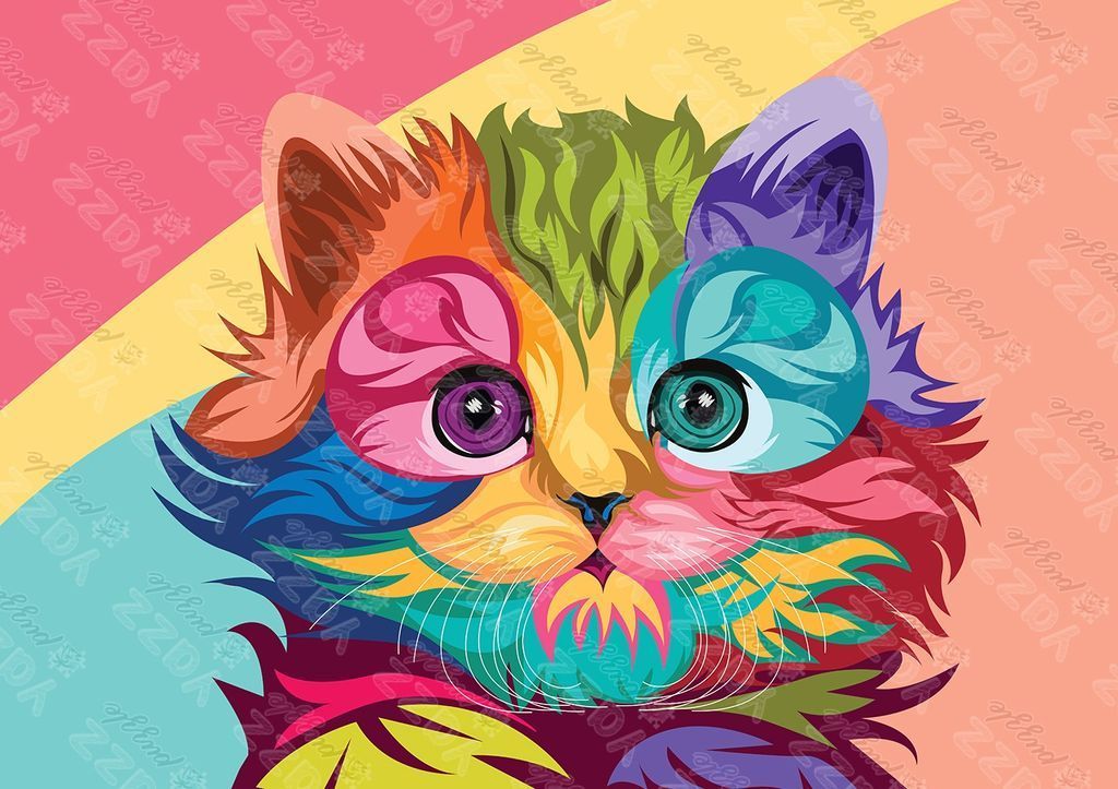 A vibrantly colored, artistic illustration of a cat face featuring segmented patterns in rainbow colors.