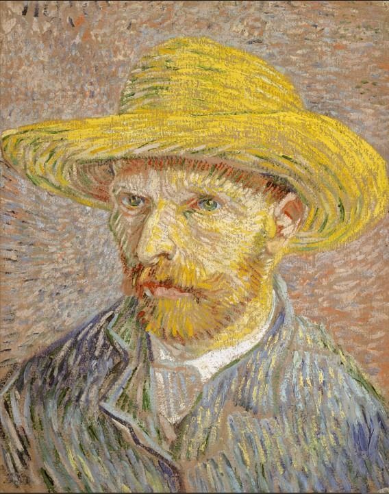 A post-impressionist oil portrait of a man with a reddish beard wearing a bright yellow straw hat.