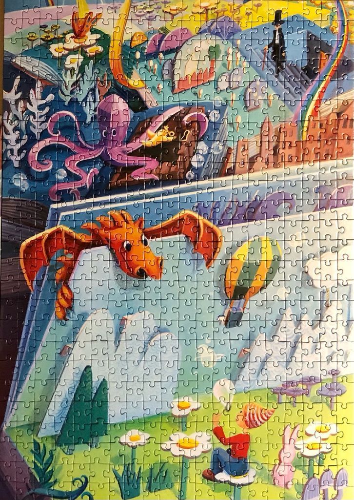 Whimsical fantasy illustration featuring a dragon, an octopus, and a child in a surreal landscape.
