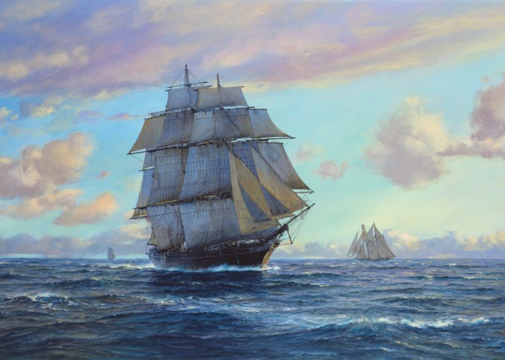 A tall ship under full sail navigates calm seas beneath a soft, colorful sky at sunset.