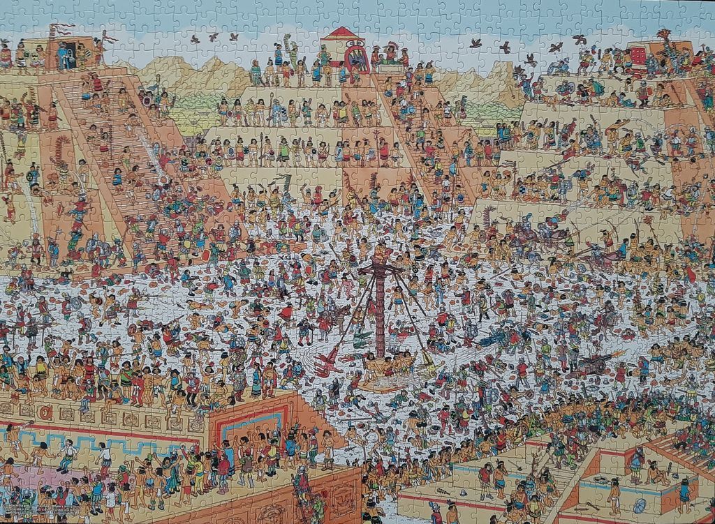 A chaotic, densely populated cartoon illustration of ancient Mesoamerican pyramids and plaza life.
