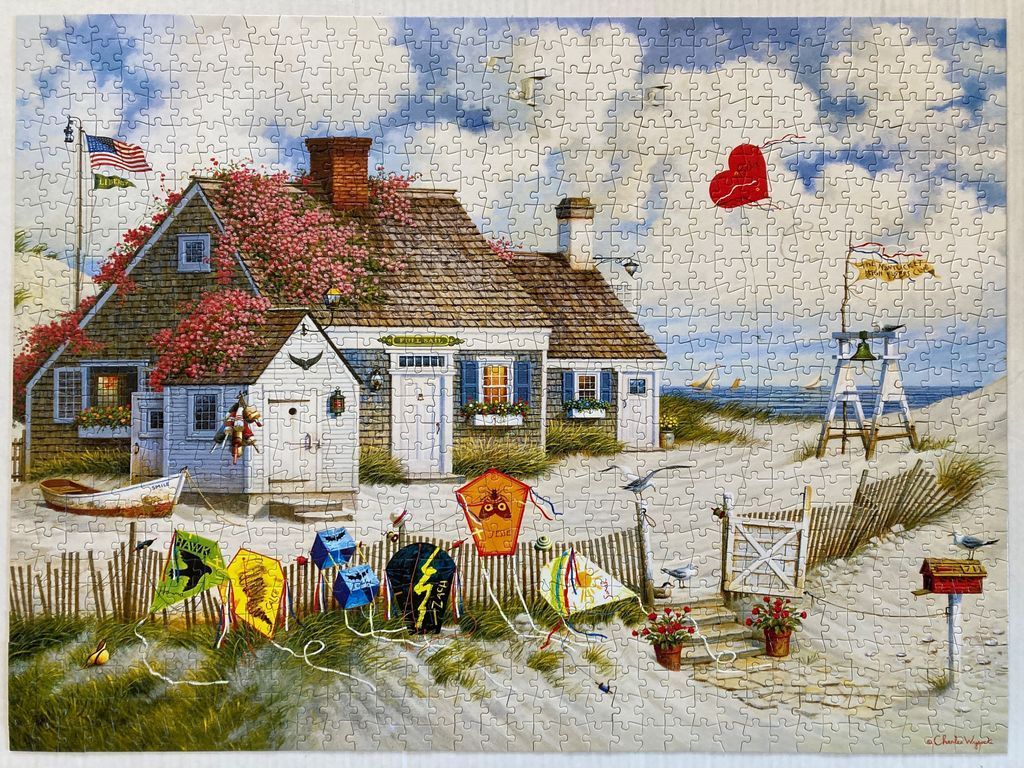 Illustration of a coastal cottage on a sandy beach with kites, a lifeguard stand, and a red heart balloon.
