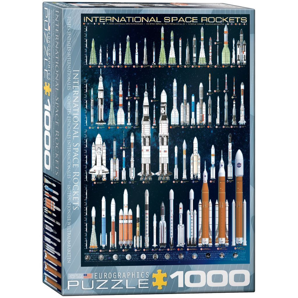 A collection of various historical and modern space rockets organized in rows against a deep blue cosmic background.