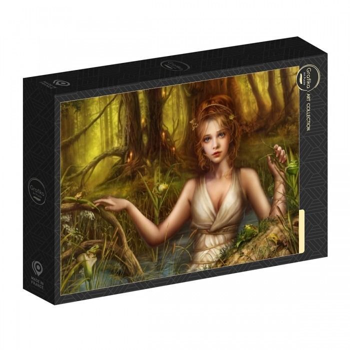 Digital fantasy painting of a young woman with auburn hair resting in a lush, misty forest stream with green frogs.