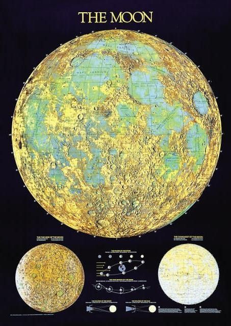 A detailed astronomical map showing the lunar surface, smaller lunar maps, and diagrams explaining moon phases and eclipses.